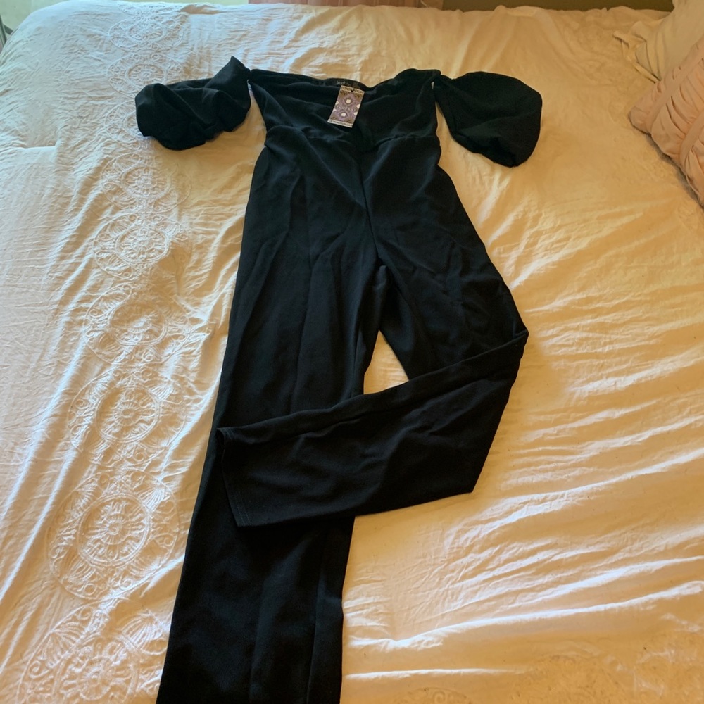 BOOHOO petite ruched puff sleeve jumpsuit